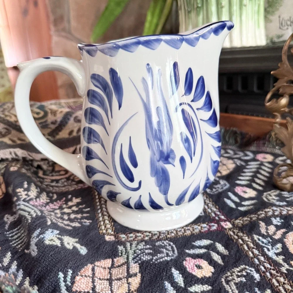 Pottery Barn Puebla Pitcher Hand Painted Blue White Floral Porcelain 6.75